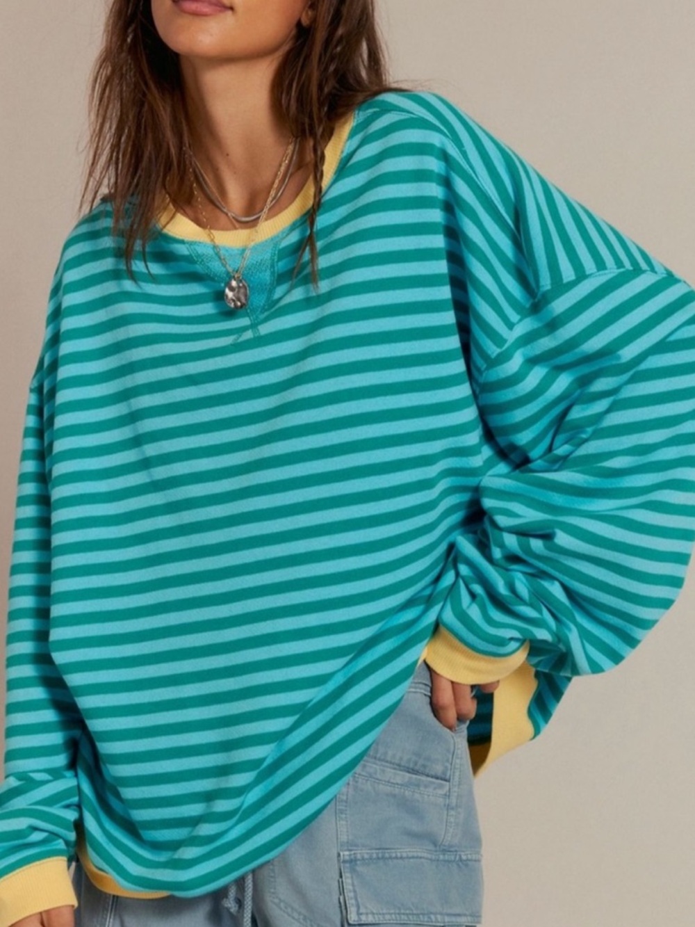 Free People Teal & Aqua Striped Oversized Sweatshirt with Yellow Trim